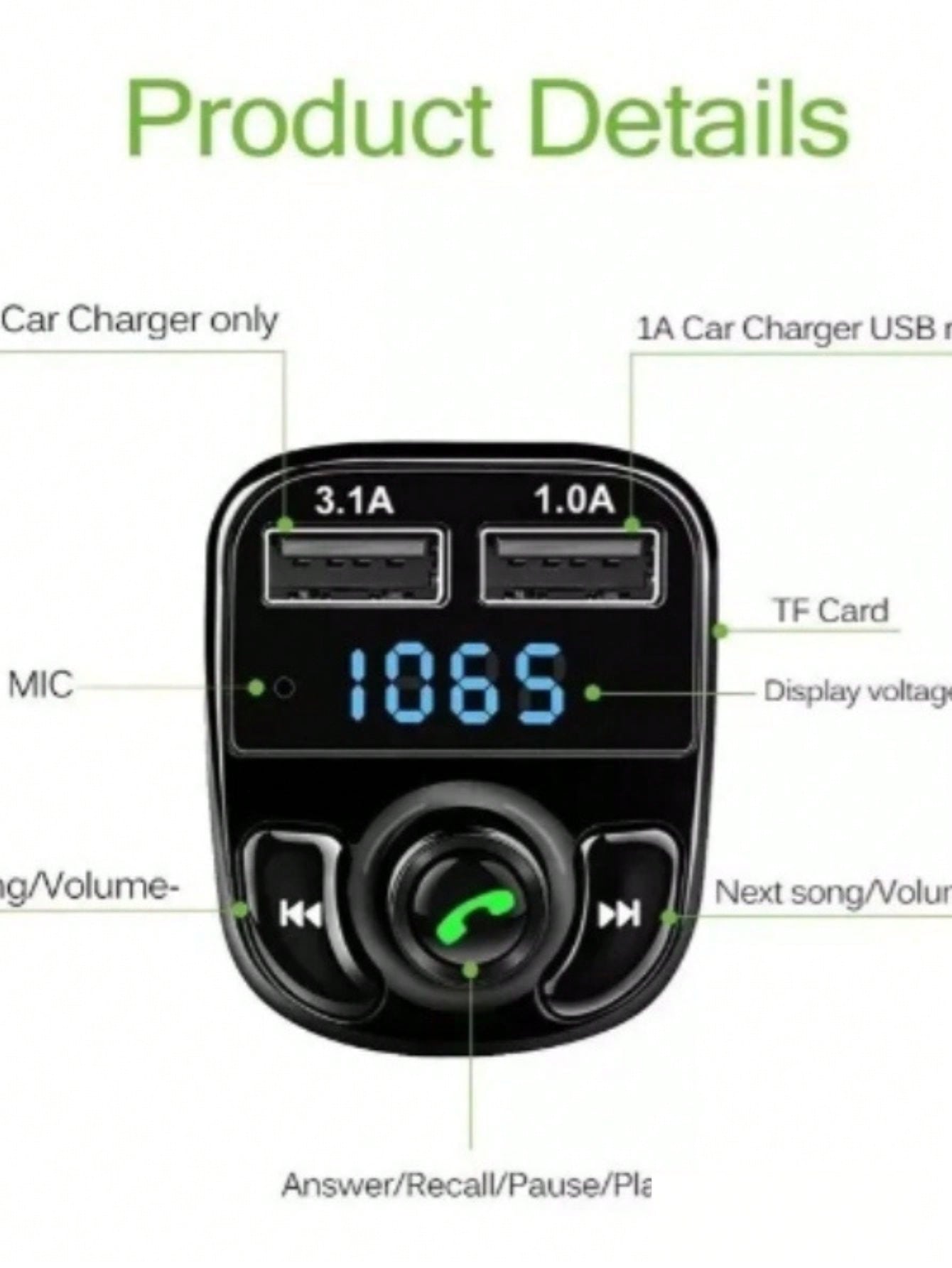 Bluetooth Transmisor Fm Auto Manos Libres Cargador 2 Usb